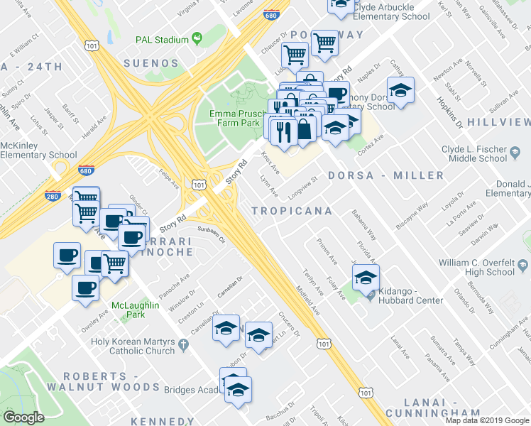 map of restaurants, bars, coffee shops, grocery stores, and more near 1301 Terilyn Avenue in San Jose