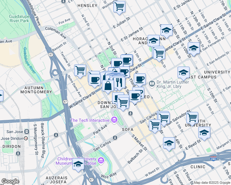 map of restaurants, bars, coffee shops, grocery stores, and more near 65 South 1st Street in San Jose