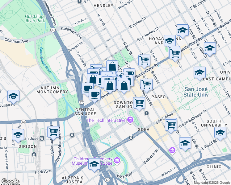 map of restaurants, bars, coffee shops, grocery stores, and more near 29 North San Pedro Street in San Jose