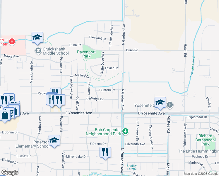 map of restaurants, bars, coffee shops, grocery stores, and more near 1483 Hunters Drive in Merced