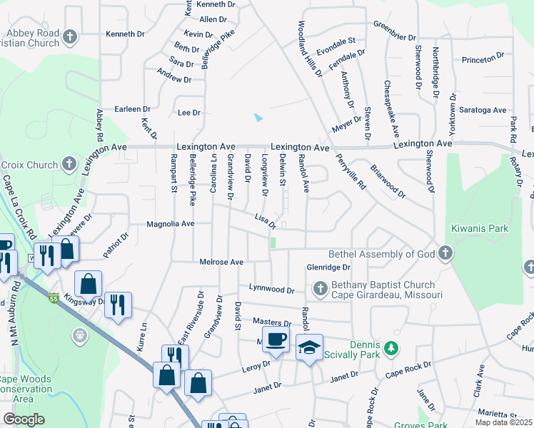 map of restaurants, bars, coffee shops, grocery stores, and more near 2570 Lisa Drive in Cape Girardeau
