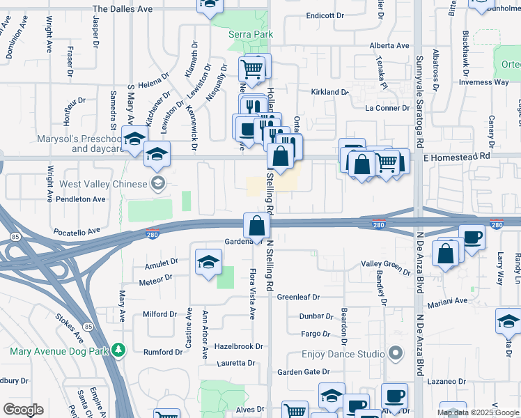 map of restaurants, bars, coffee shops, grocery stores, and more near 10837 North Stelling Road in Cupertino