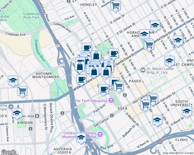 map of restaurants, bars, coffee shops, grocery stores, and more near 142 West Santa Clara Street in San Jose