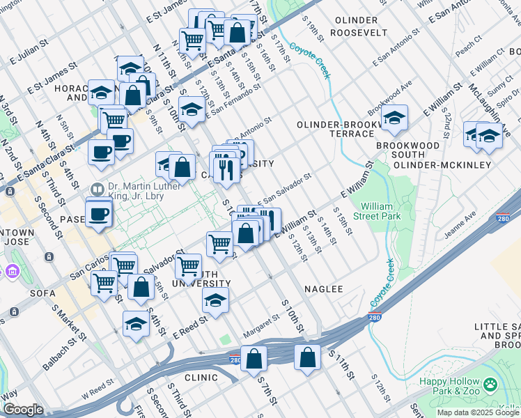 map of restaurants, bars, coffee shops, grocery stores, and more near 406 South 11th Street in San Jose