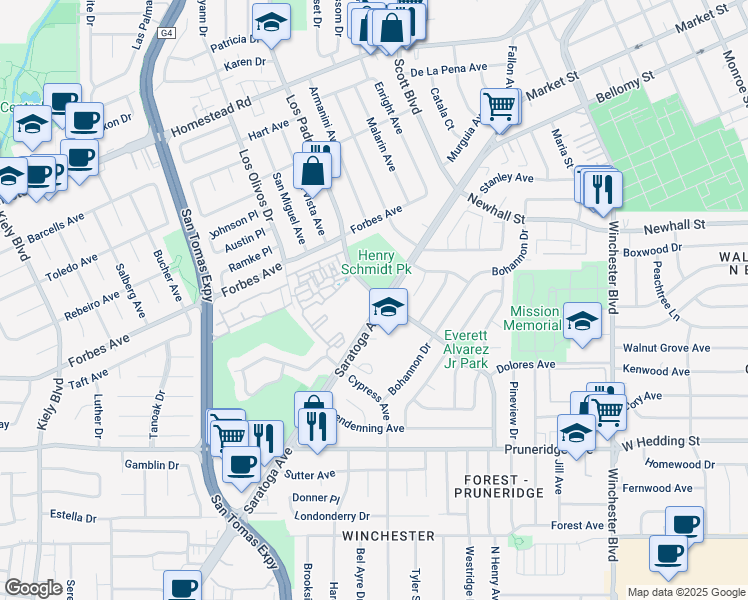 map of restaurants, bars, coffee shops, grocery stores, and more near 36A Los Padres Boulevard in Santa Clara