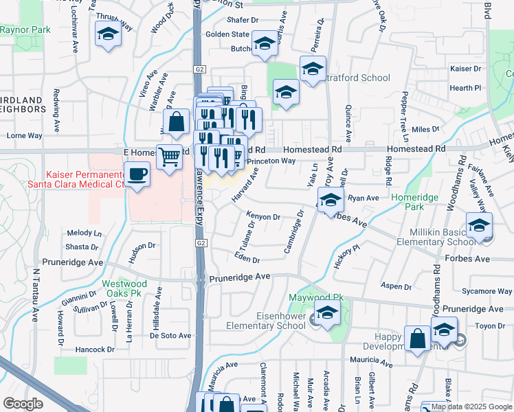 map of restaurants, bars, coffee shops, grocery stores, and more near 3446 Forbes Avenue in Santa Clara