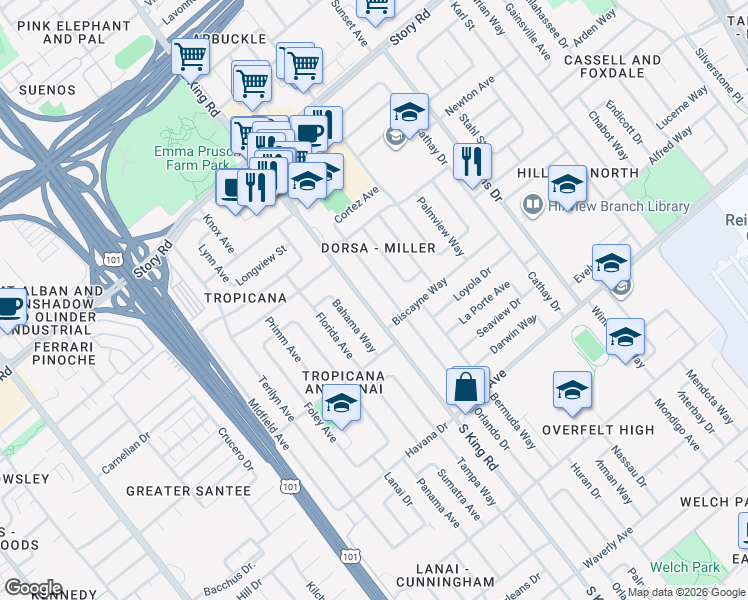 map of restaurants, bars, coffee shops, grocery stores, and more near 1509 Orlando Drive in San Jose