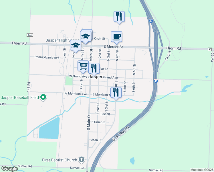 map of restaurants, bars, coffee shops, grocery stores, and more near 200 South 3rd Street in Jasper
