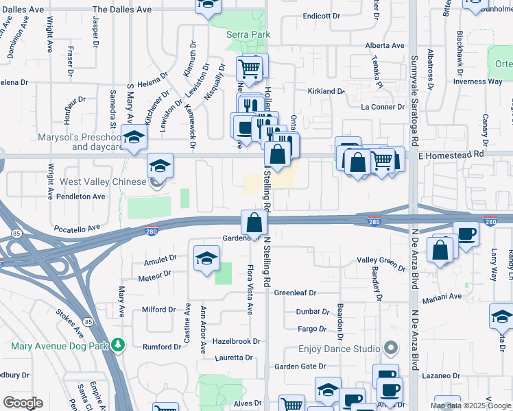 map of restaurants, bars, coffee shops, grocery stores, and more near 10837 North Stelling Road in Cupertino