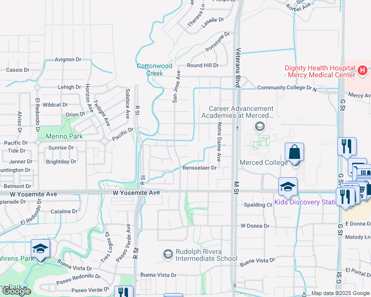 map of restaurants, bars, coffee shops, grocery stores, and more near 866 Purdue Court in Merced