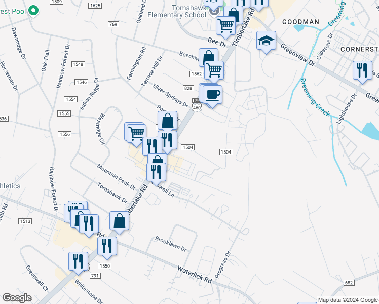map of restaurants, bars, coffee shops, grocery stores, and more near 97 Sunny Bank Drive in Lynchburg