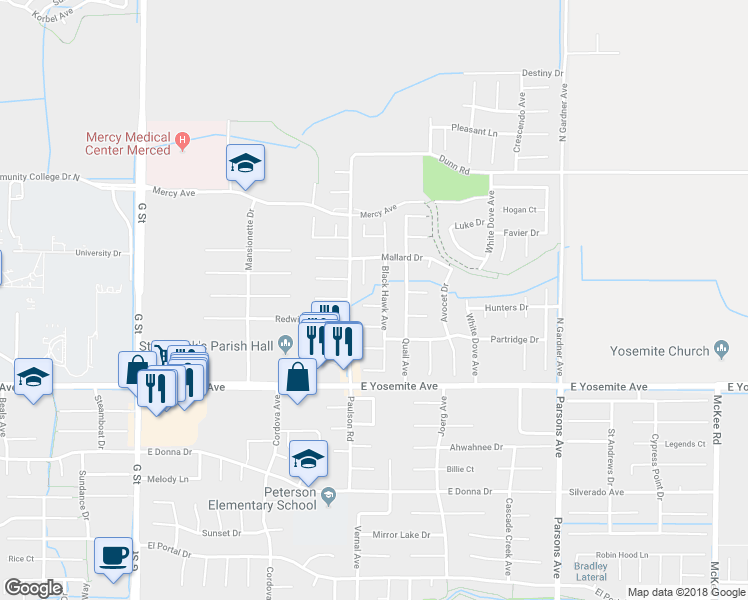 map of restaurants, bars, coffee shops, grocery stores, and more near 1027 Blue Jay Court in Merced