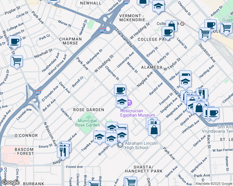 map of restaurants, bars, coffee shops, grocery stores, and more near 1768 Luxor Court in San Jose