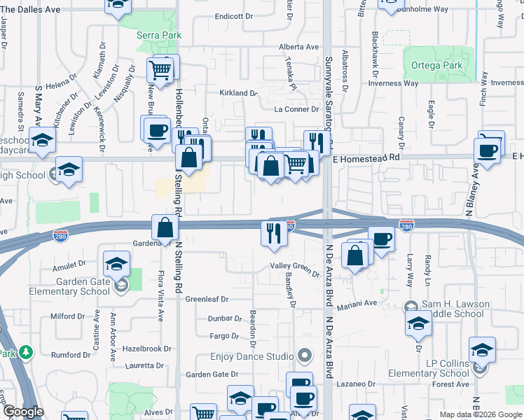 map of restaurants, bars, coffee shops, grocery stores, and more near 20740 Celeste Circle in Cupertino