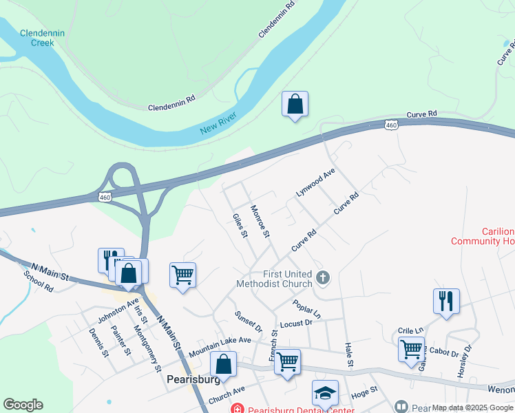 map of restaurants, bars, coffee shops, grocery stores, and more near 604 Monroe Street in Pearisburg