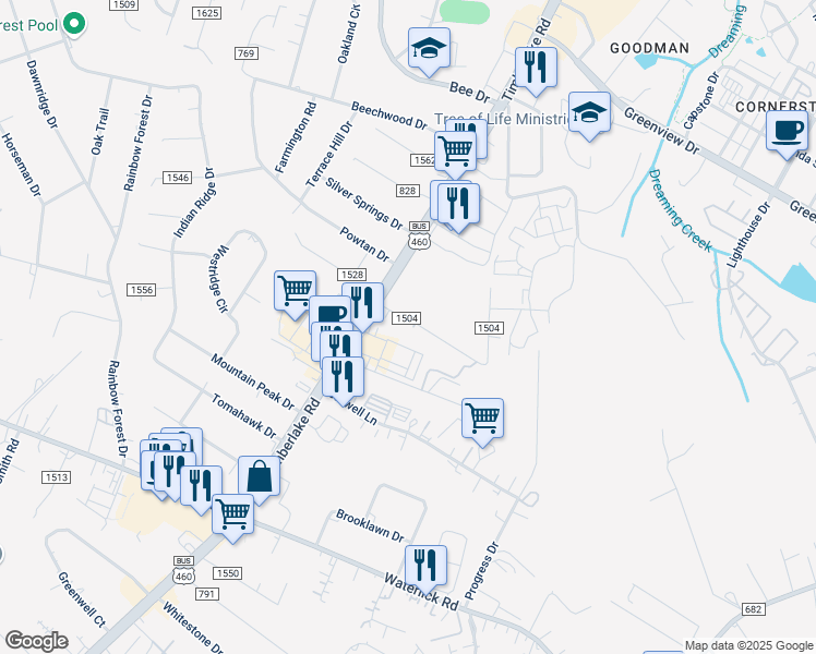 map of restaurants, bars, coffee shops, grocery stores, and more near 97 Sunny Bank Drive in Lynchburg