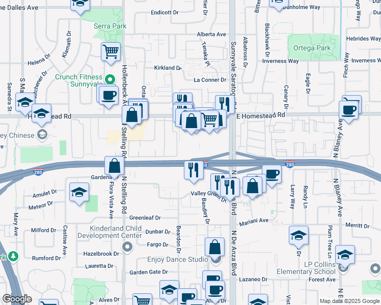 map of restaurants, bars, coffee shops, grocery stores, and more near 20732 Celeste Circle in Cupertino