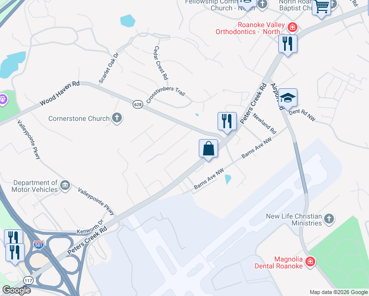 map of restaurants, bars, coffee shops, grocery stores, and more near 5345 Century Drive in Roanoke