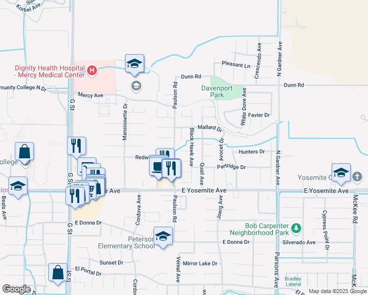 map of restaurants, bars, coffee shops, grocery stores, and more near 1027 Blue Jay Court in Merced