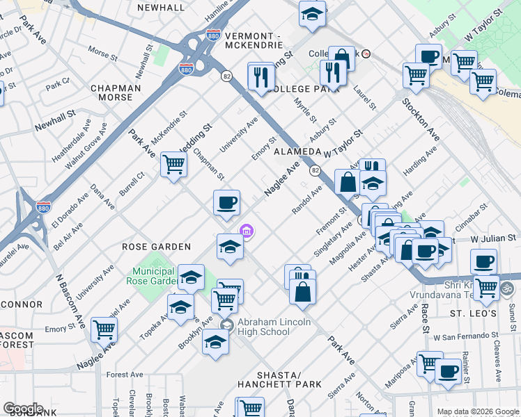 map of restaurants, bars, coffee shops, grocery stores, and more near 1274 Naglee Avenue in San Jose