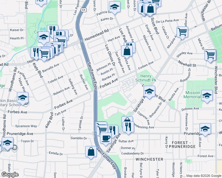 map of restaurants, bars, coffee shops, grocery stores, and more near 2423 Rebecca Lynn Way in Santa Clara