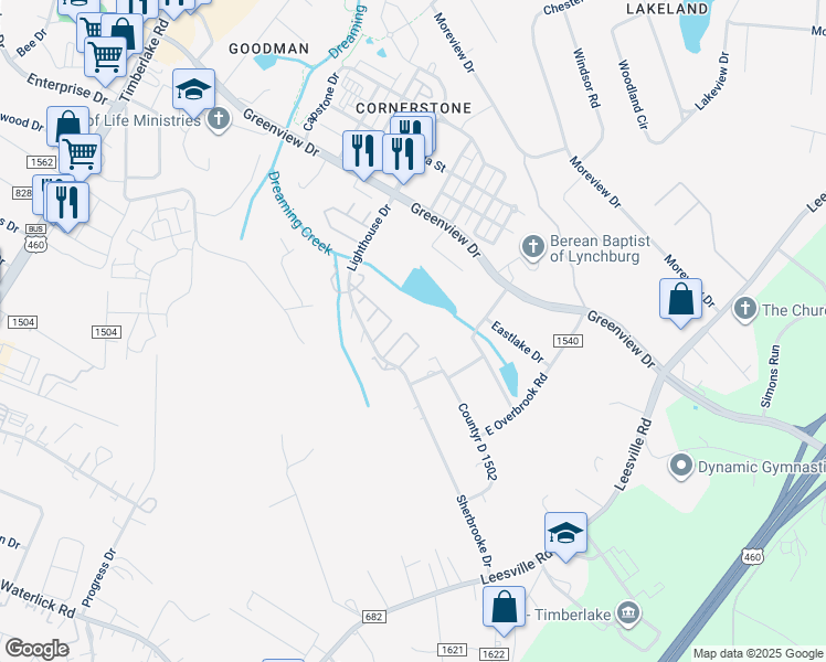 map of restaurants, bars, coffee shops, grocery stores, and more near 112 Cape Charles Square in Lynchburg