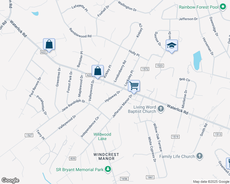 map of restaurants, bars, coffee shops, grocery stores, and more near 75A Hydaway Drive in Forest