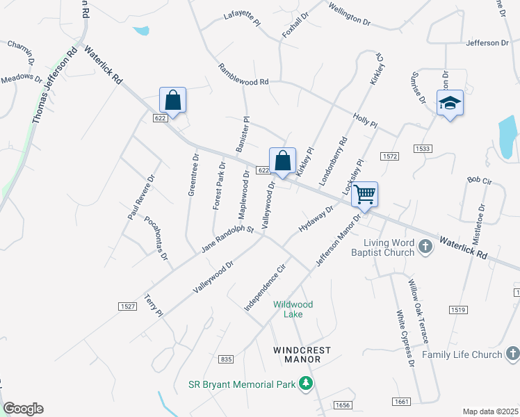 map of restaurants, bars, coffee shops, grocery stores, and more near 23 Valleywood Drive in Forest