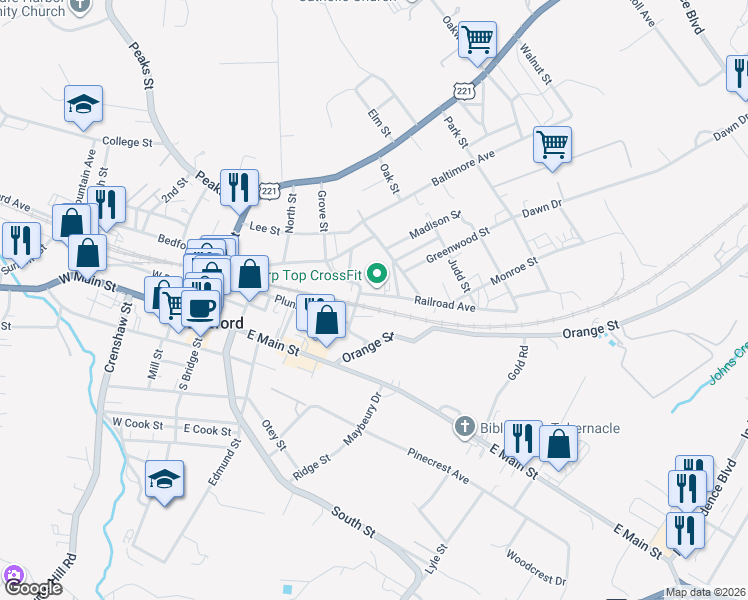 map of restaurants, bars, coffee shops, grocery stores, and more near 620 Railroad Avenue in Bedford