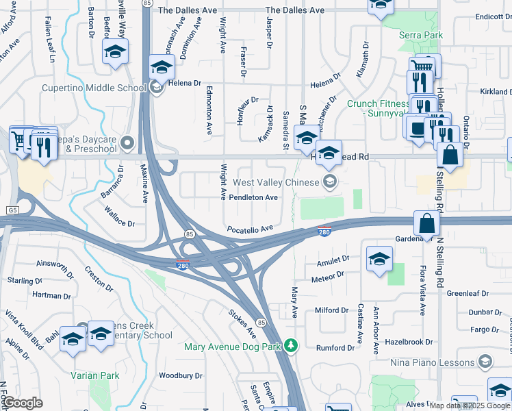 map of restaurants, bars, coffee shops, grocery stores, and more near 1772 Kimberley Drive in Sunnyvale
