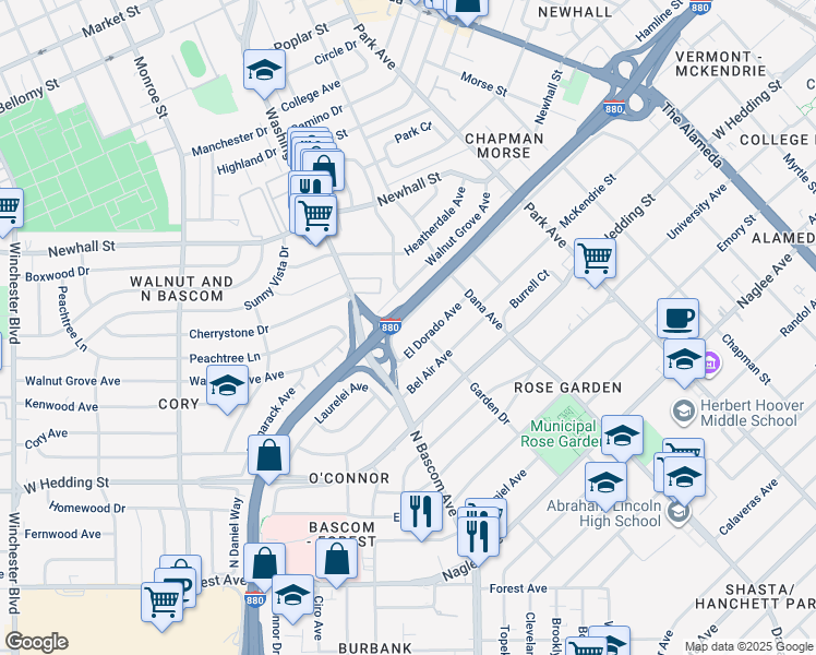 map of restaurants, bars, coffee shops, grocery stores, and more near 1846 Davis Street in San Jose