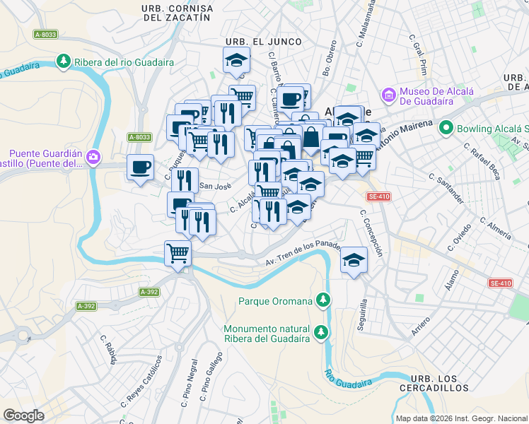 map of restaurants, bars, coffee shops, grocery stores, and more near 61A Calle Conde de Guadalhorce in Alcalá de Guadaíra