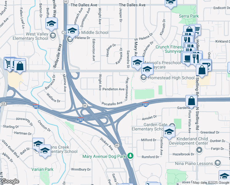 map of restaurants, bars, coffee shops, grocery stores, and more near 1772 Kimberley Drive in Sunnyvale