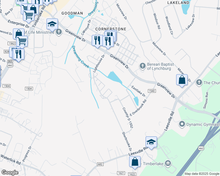 map of restaurants, bars, coffee shops, grocery stores, and more near 64 Cape Charles Square in Lynchburg