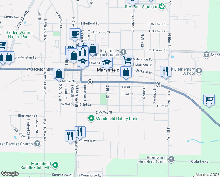 map of restaurants, bars, coffee shops, grocery stores, and more near 422 South Pine Street in Marshfield