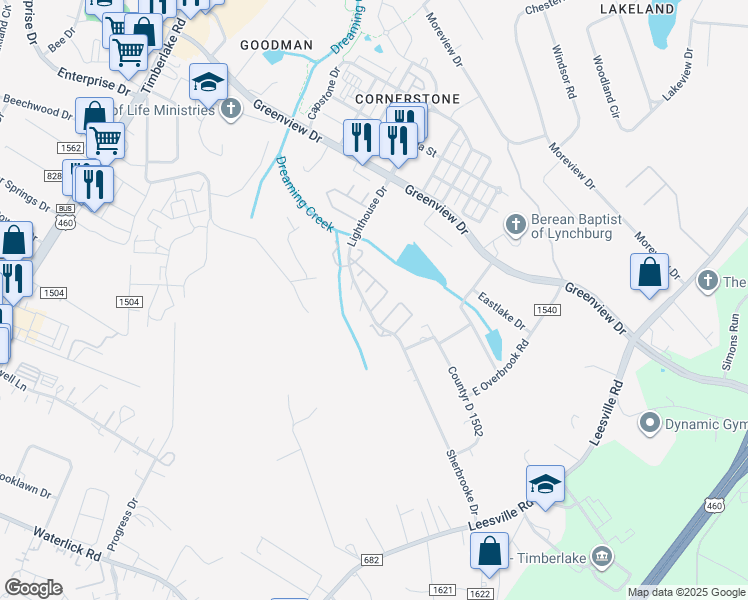 map of restaurants, bars, coffee shops, grocery stores, and more near 64 Cape Charles Square in Lynchburg