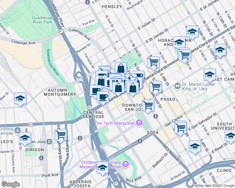 map of restaurants, bars, coffee shops, grocery stores, and more near 29 North San Pedro Street in San Jose