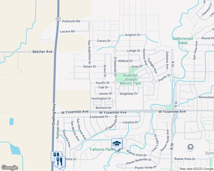 map of restaurants, bars, coffee shops, grocery stores, and more near 1335 Tide Drive in Merced