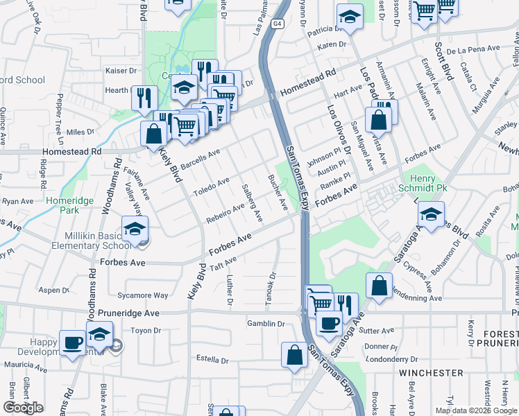 map of restaurants, bars, coffee shops, grocery stores, and more near 636 Salberg Avenue in Santa Clara