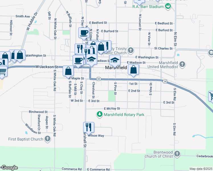 map of restaurants, bars, coffee shops, grocery stores, and more near 423 South Pitts Street in Marshfield