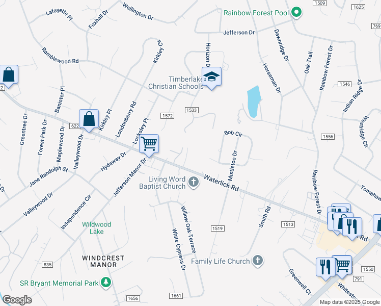 map of restaurants, bars, coffee shops, grocery stores, and more near 4213 Waterlick Road in Forest