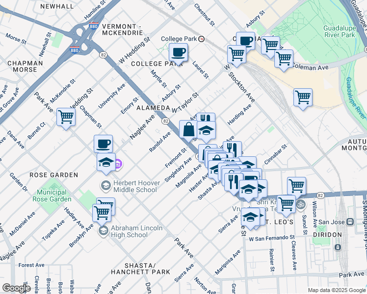map of restaurants, bars, coffee shops, grocery stores, and more near 1605 The Alameda in San Jose