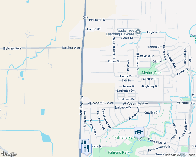 map of restaurants, bars, coffee shops, grocery stores, and more near 3622 North State Highway 59 in Merced