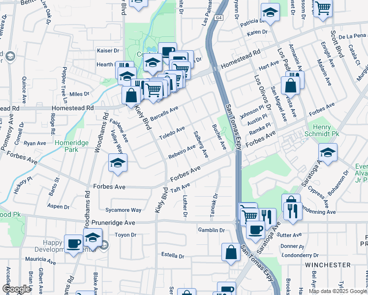 map of restaurants, bars, coffee shops, grocery stores, and more near 2719 Rebeiro Avenue in Santa Clara
