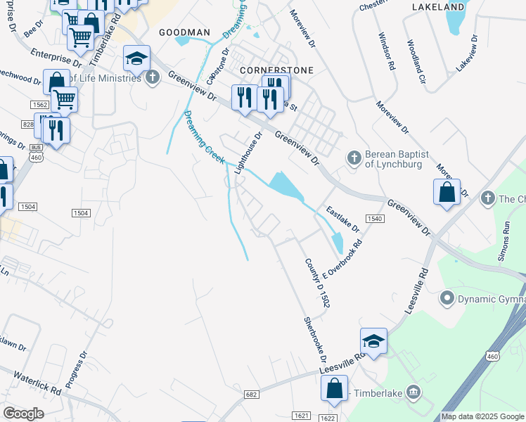 map of restaurants, bars, coffee shops, grocery stores, and more near 150 Kitty Hawk Square in Lynchburg