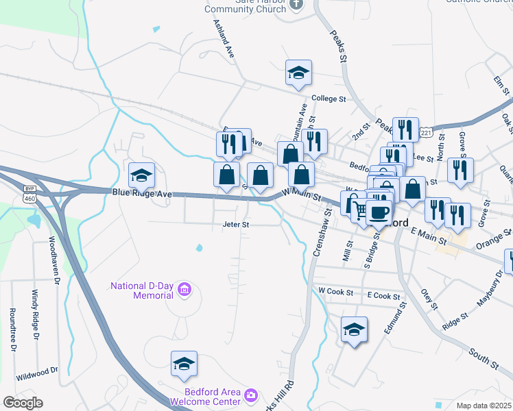 map of restaurants, bars, coffee shops, grocery stores, and more near 513 Blue Ridge Avenue in Bedford