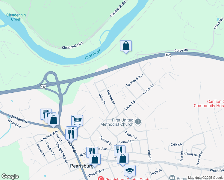 map of restaurants, bars, coffee shops, grocery stores, and more near 604 Monroe Street in Pearisburg