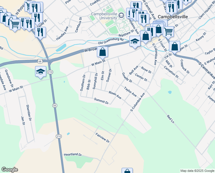 map of restaurants, bars, coffee shops, grocery stores, and more near 127 Sunset Drive in Campbellsville
