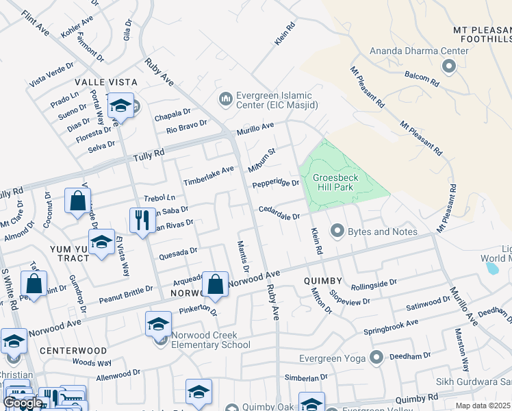 map of restaurants, bars, coffee shops, grocery stores, and more near 3401 Cedardale Drive in San Jose