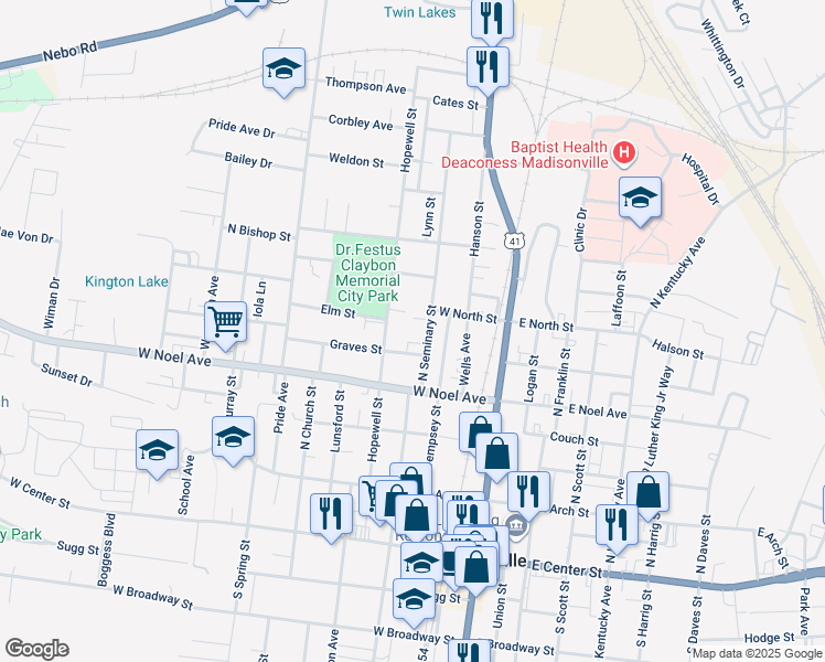 map of restaurants, bars, coffee shops, grocery stores, and more near 419 North Seminary Street in Madisonville